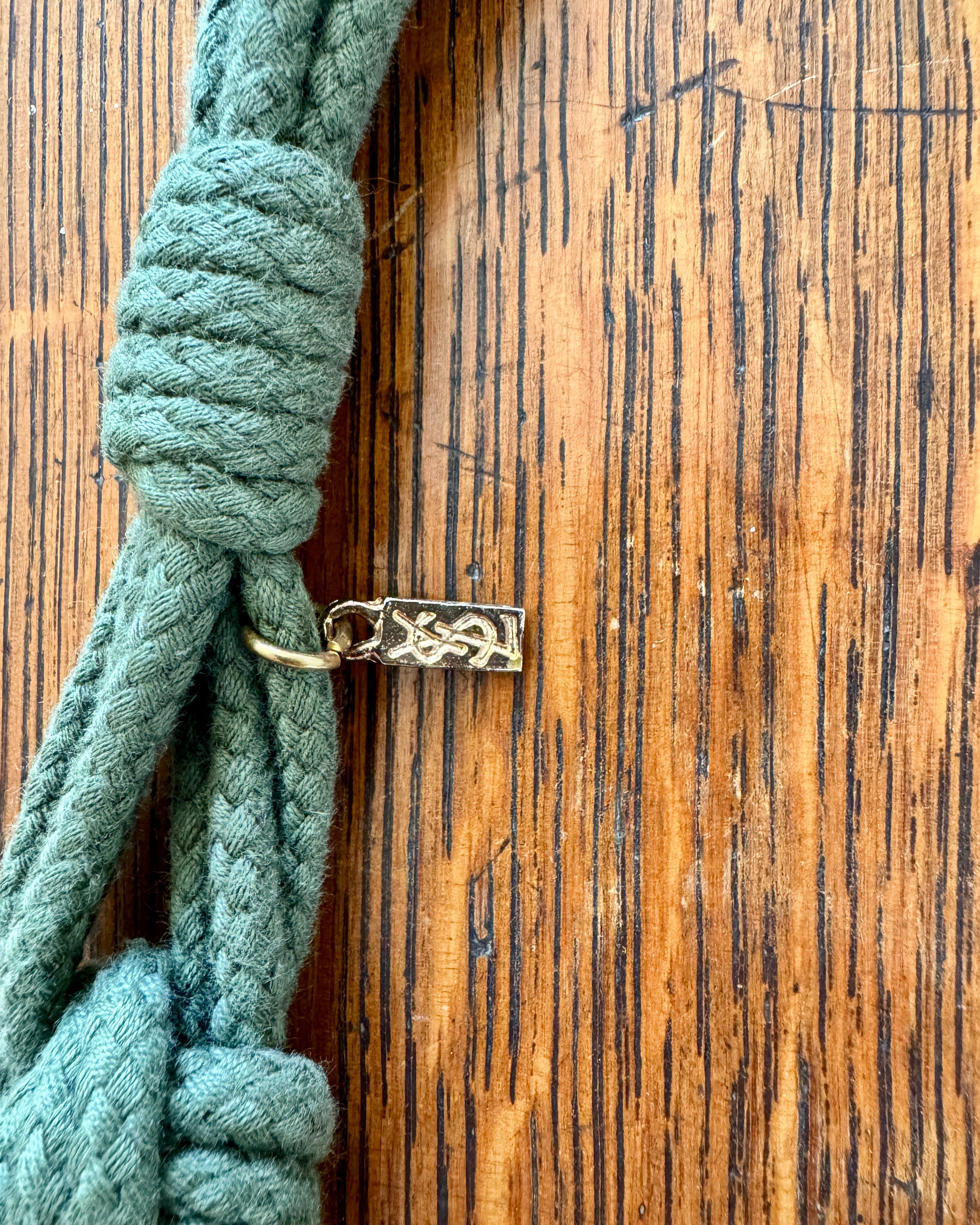 Vintage 1970s YSL Yves Saint Laurent Green Cotton Rope Knotted Macrame Crochet Fringe Belt