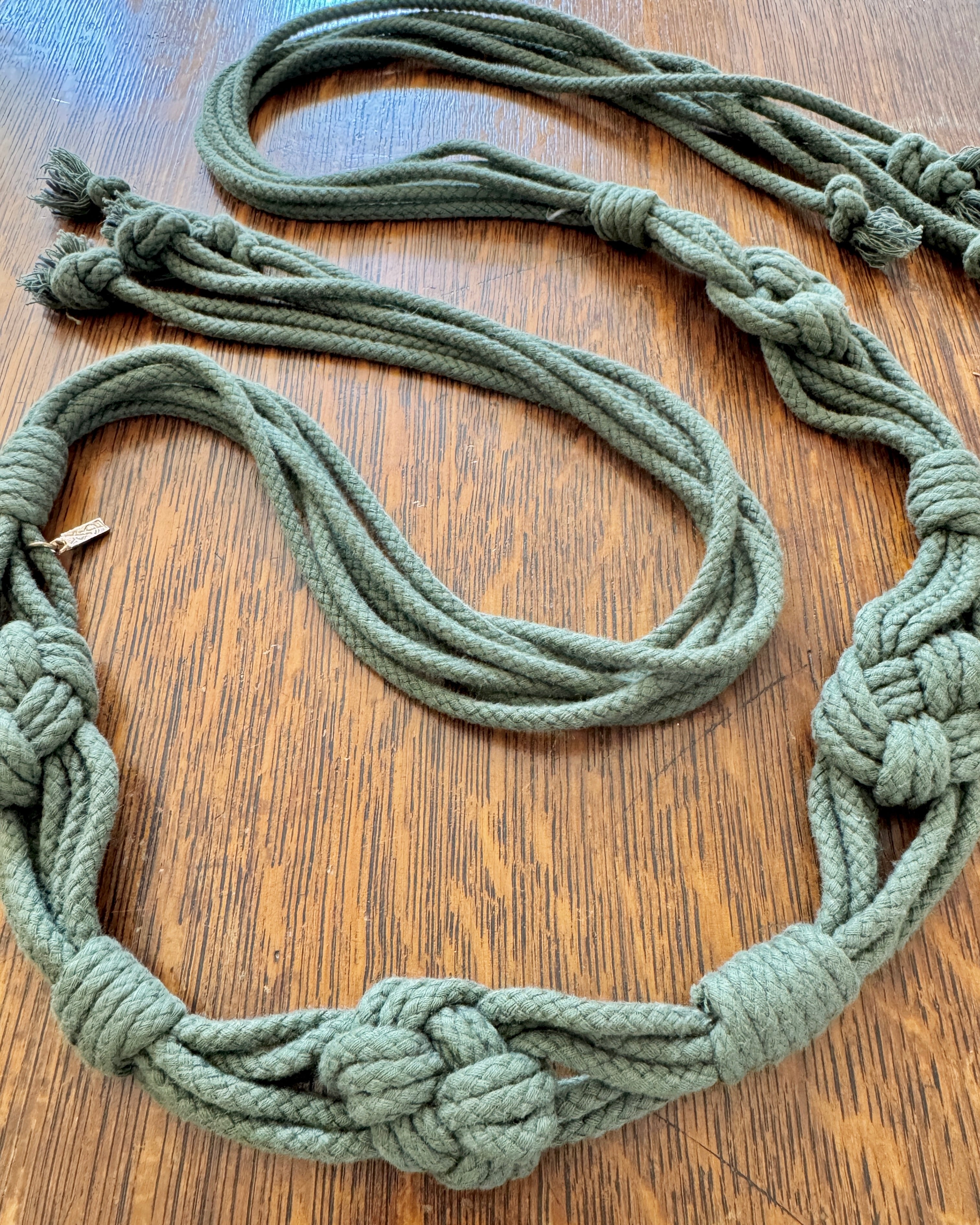 Vintage 1970s YSL Yves Saint Laurent Green Cotton Rope Knotted Macrame Crochet Fringe Belt