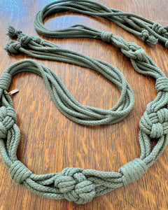 Vintage 1970s YSL Yves Saint Laurent Green Cotton Rope Knotted Macrame Crochet Fringe Belt