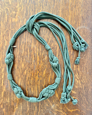 Vintage 1970s YSL Yves Saint Laurent Green Cotton Rope Knotted Macrame Crochet Fringe Belt