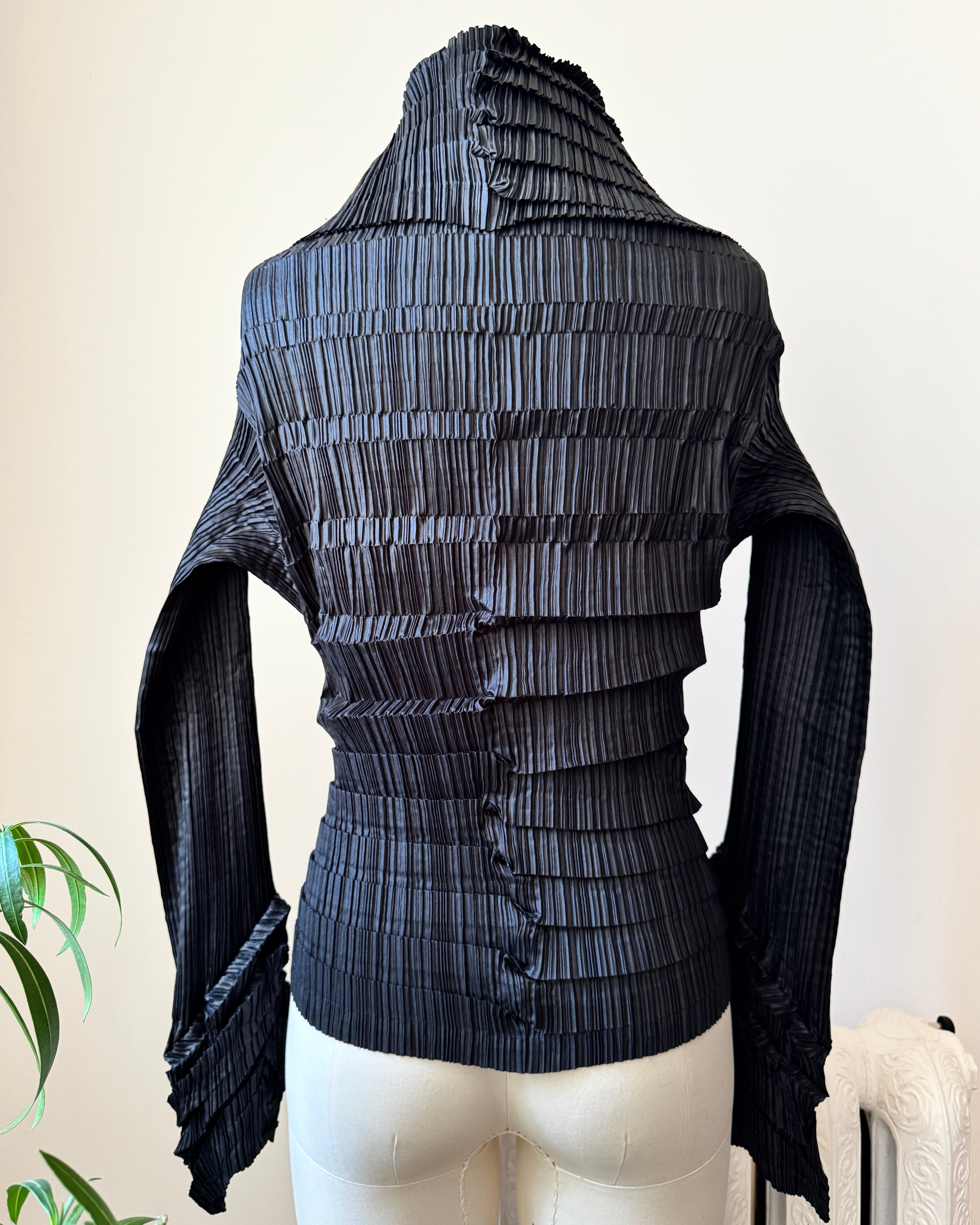Vintage Late 1990s  ISSEY MIYAKE Black Architectural Pleated Blouse Shirt Cardigan with Buttons and Wide Collar Size 3