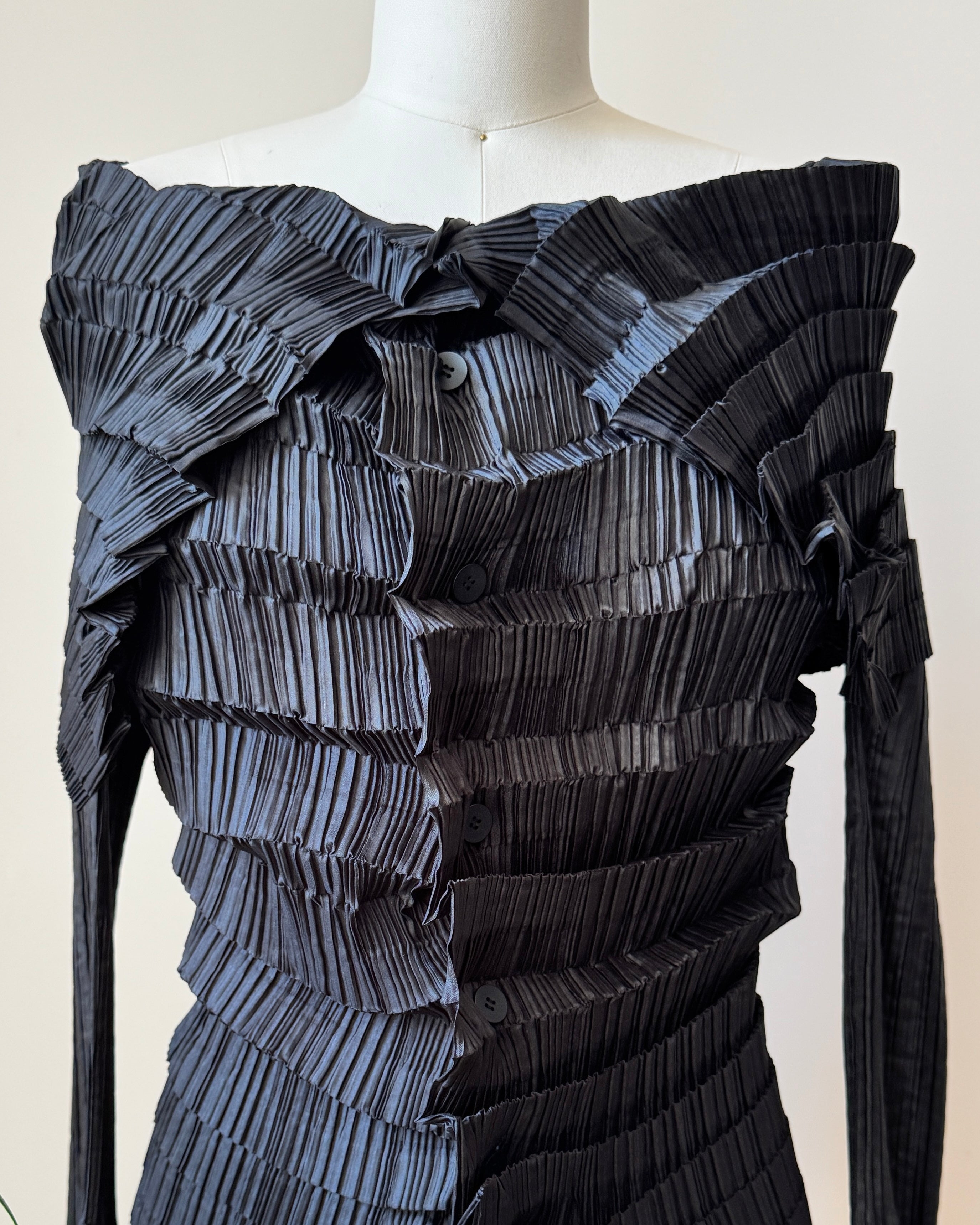 Vintage Late 1990s  ISSEY MIYAKE Black Architectural Pleated Blouse Shirt Cardigan with Buttons and Wide Collar Size 3
