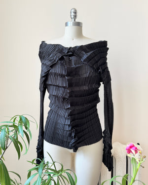 Vintage Late 1990s  ISSEY MIYAKE Black Architectural Pleated Blouse Shirt Cardigan with Buttons and Wide Collar Size 3