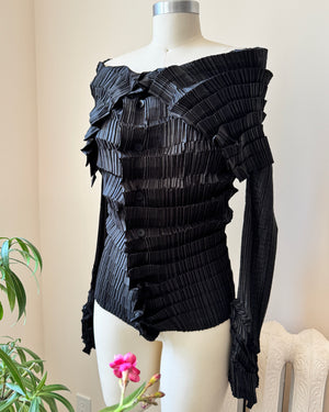 Vintage Late 1990s  ISSEY MIYAKE Black Architectural Pleated Blouse Shirt Cardigan with Buttons and Wide Collar Size 3