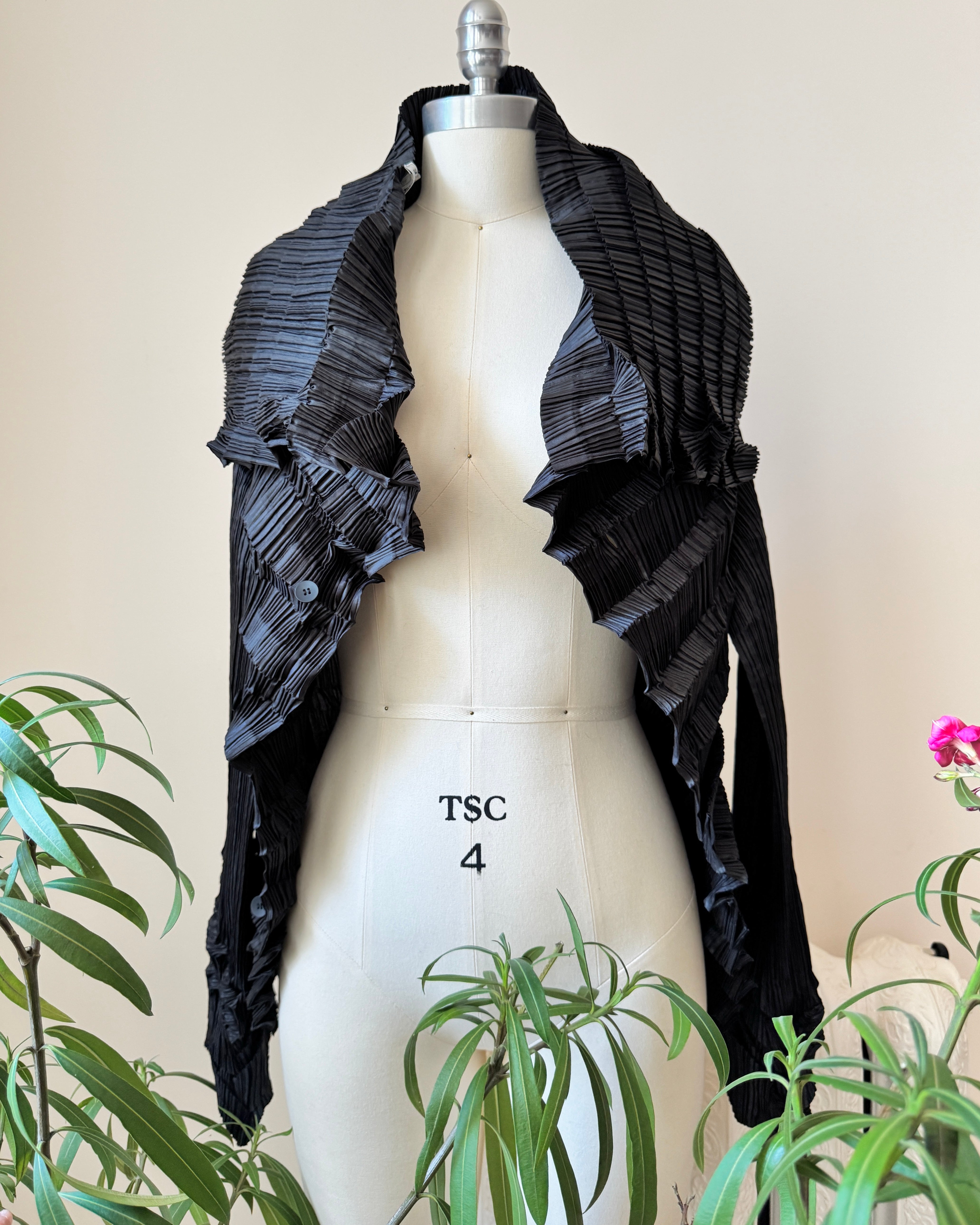 Vintage Late 1990s  ISSEY MIYAKE Black Architectural Pleated Blouse Shirt Cardigan with Buttons and Wide Collar Size 3