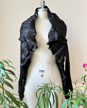 Vintage Late 1990s  ISSEY MIYAKE Black Architectural Pleated Blouse Shirt Cardigan with Buttons and Wide Collar Size 3
