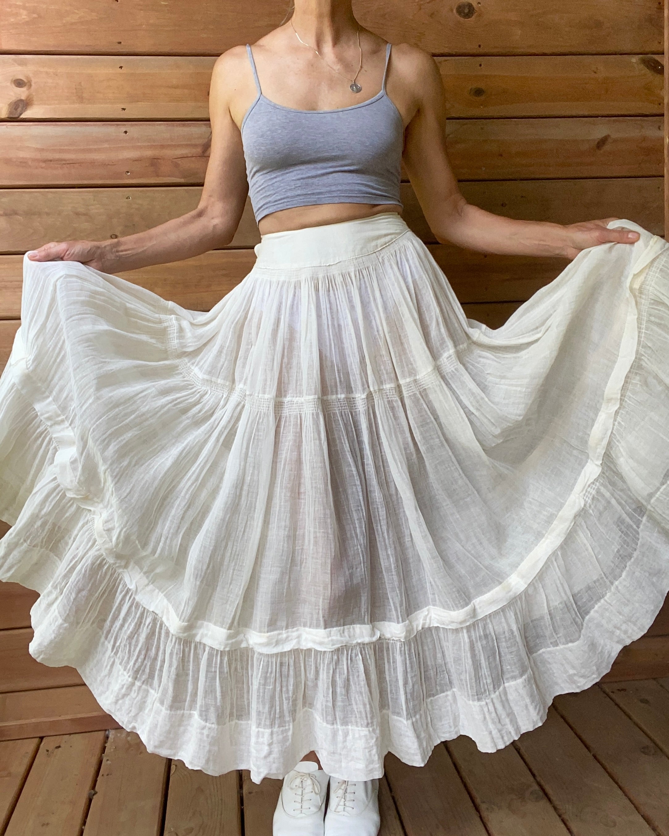 Vintage Antique 1930s Ivory Cotton Gauze Organdy Tiered Petticoat Skirt S M