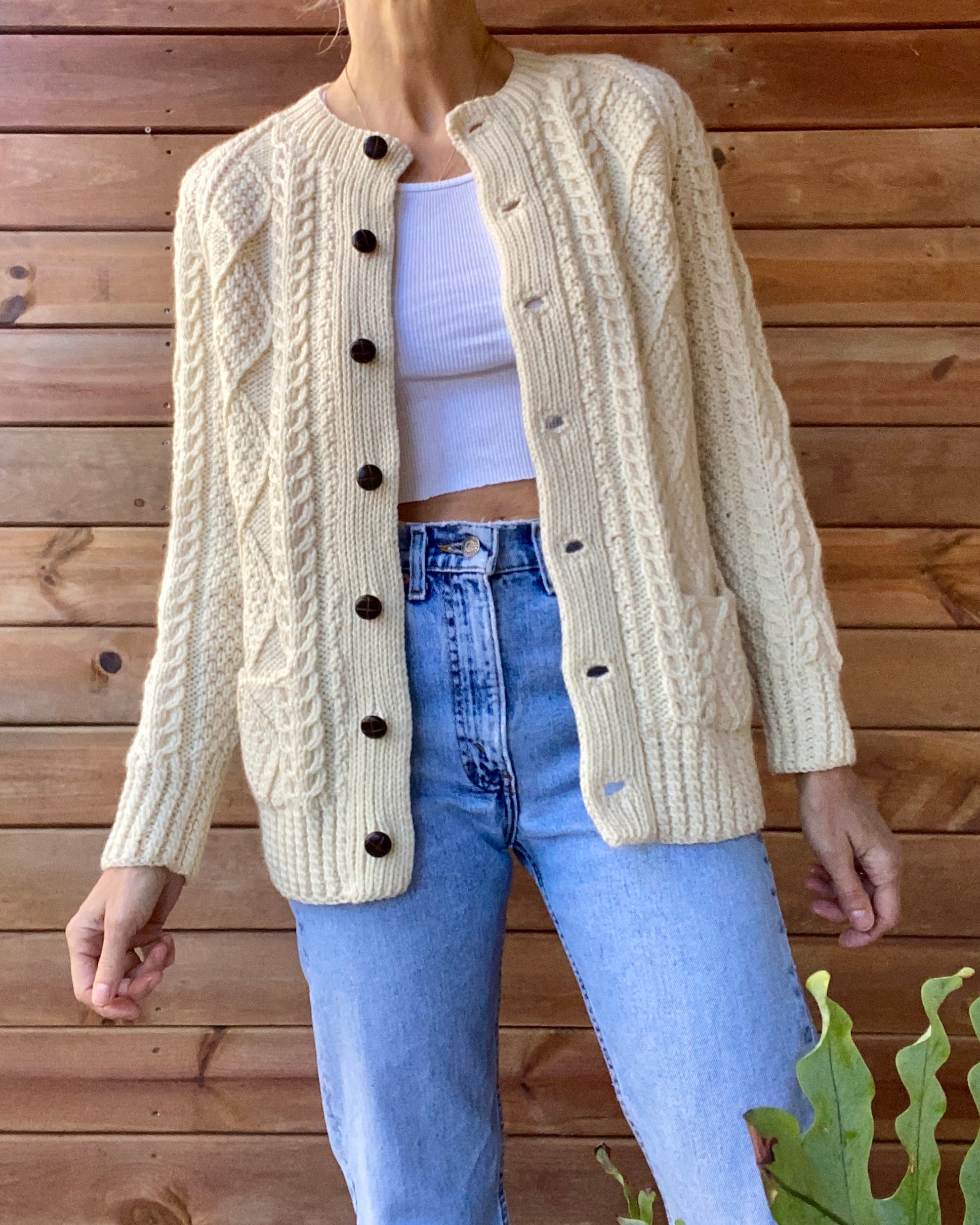 Vintage Handknit BROOKS BROTHERS Cable Fisherman Sweater Cardigan S M