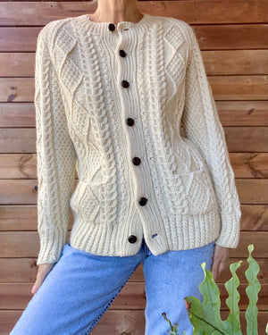 Vintage Handknit BROOKS BROTHERS Cable Fisherman Sweater Cardigan S M