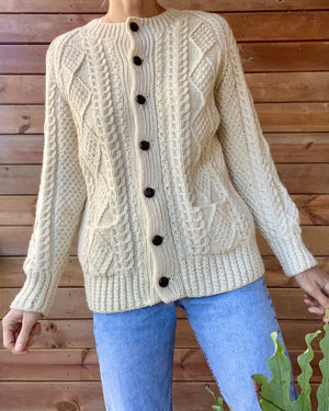 Vintage Handknit BROOKS BROTHERS Cable Fisherman Sweater Cardigan S M