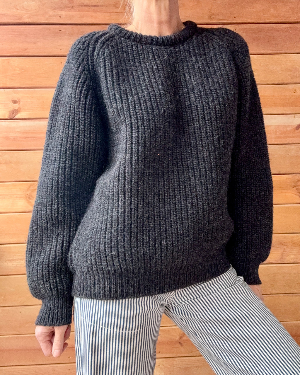 Vintage Irish Grey Marle Rib Hand Knit Pure Wool Sweater Made in Donegal Ireland