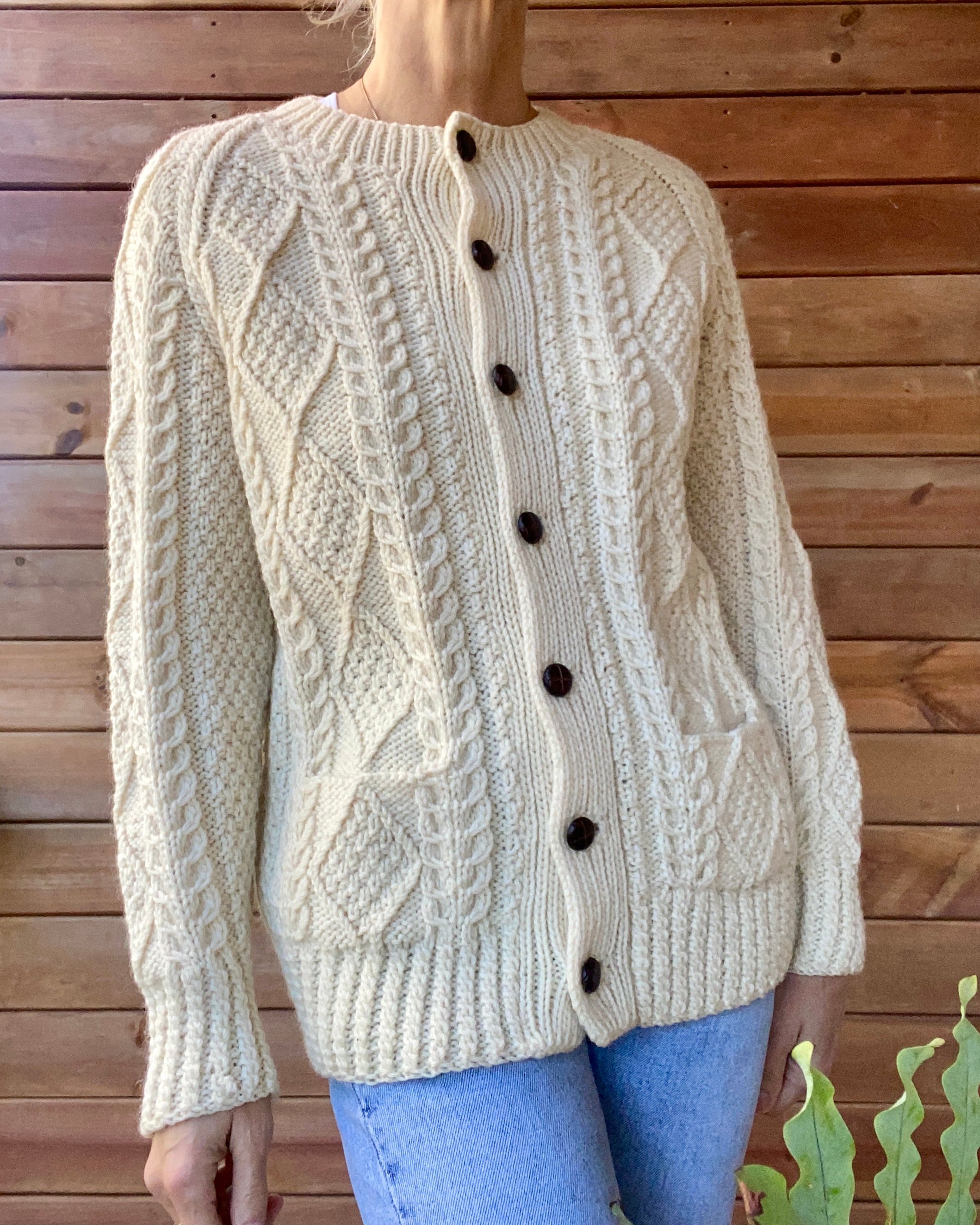 Vintage Handknit BROOKS BROTHERS Cable Fisherman Sweater Cardigan S M