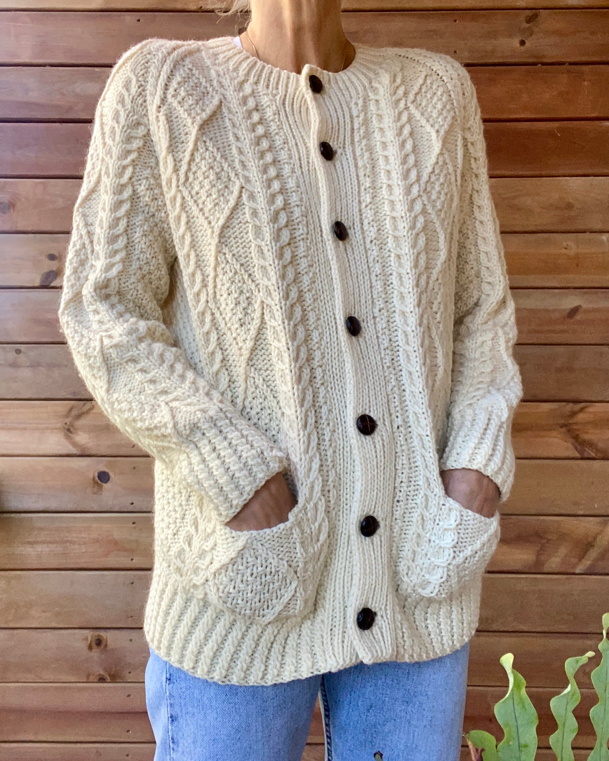 Vintage Handknit BROOKS BROTHERS Cable Fisherman Sweater Cardigan S M