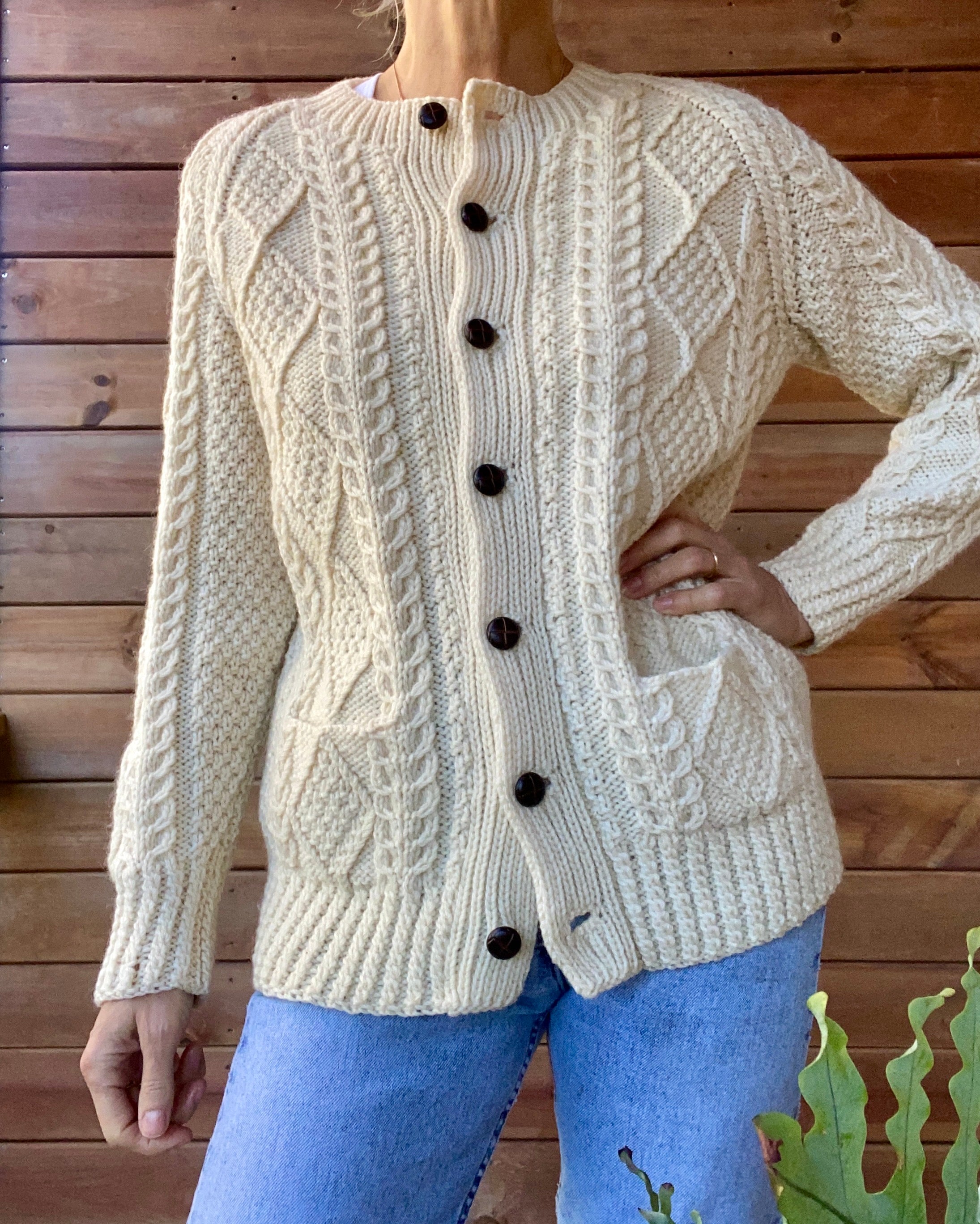 Vintage Handknit BROOKS BROTHERS Cable Fisherman Sweater Cardigan S M