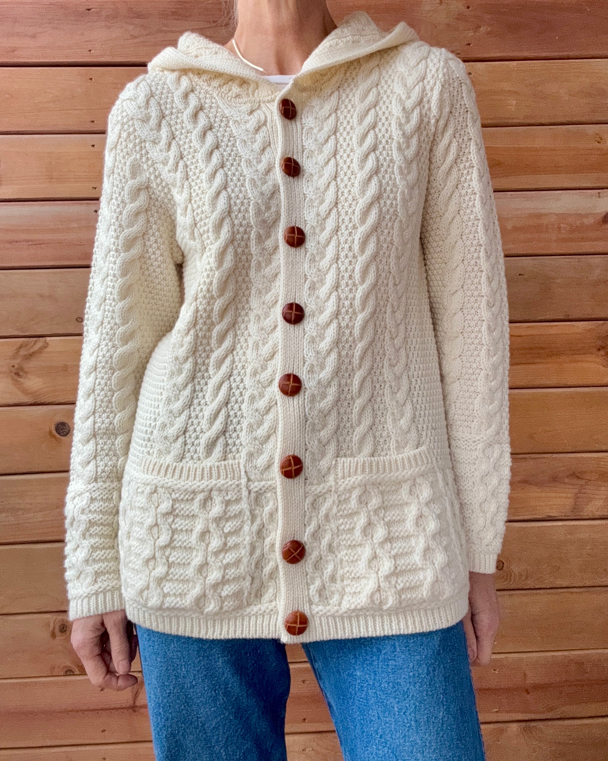 Aran Mor Fisherman Cable Aran Merino Wool Cream Knit Sweater Cardigan with Hood Made in Ireland NWT