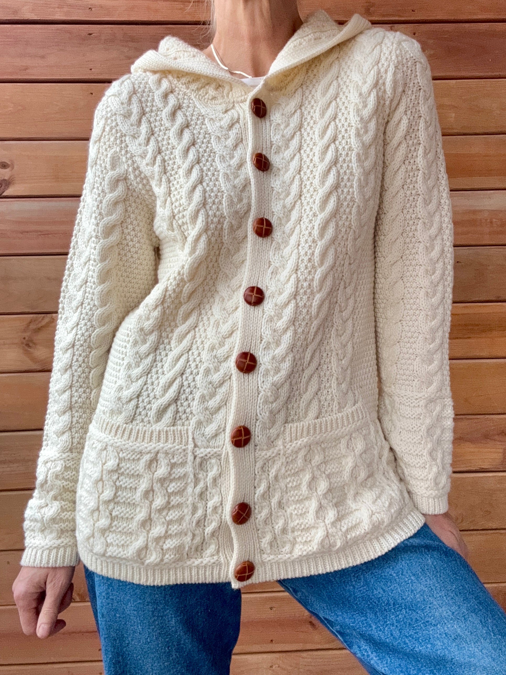 Aran Mor Fisherman Cable Aran Merino Wool Cream Knit Sweater Cardigan with Hood Made in Ireland NWT