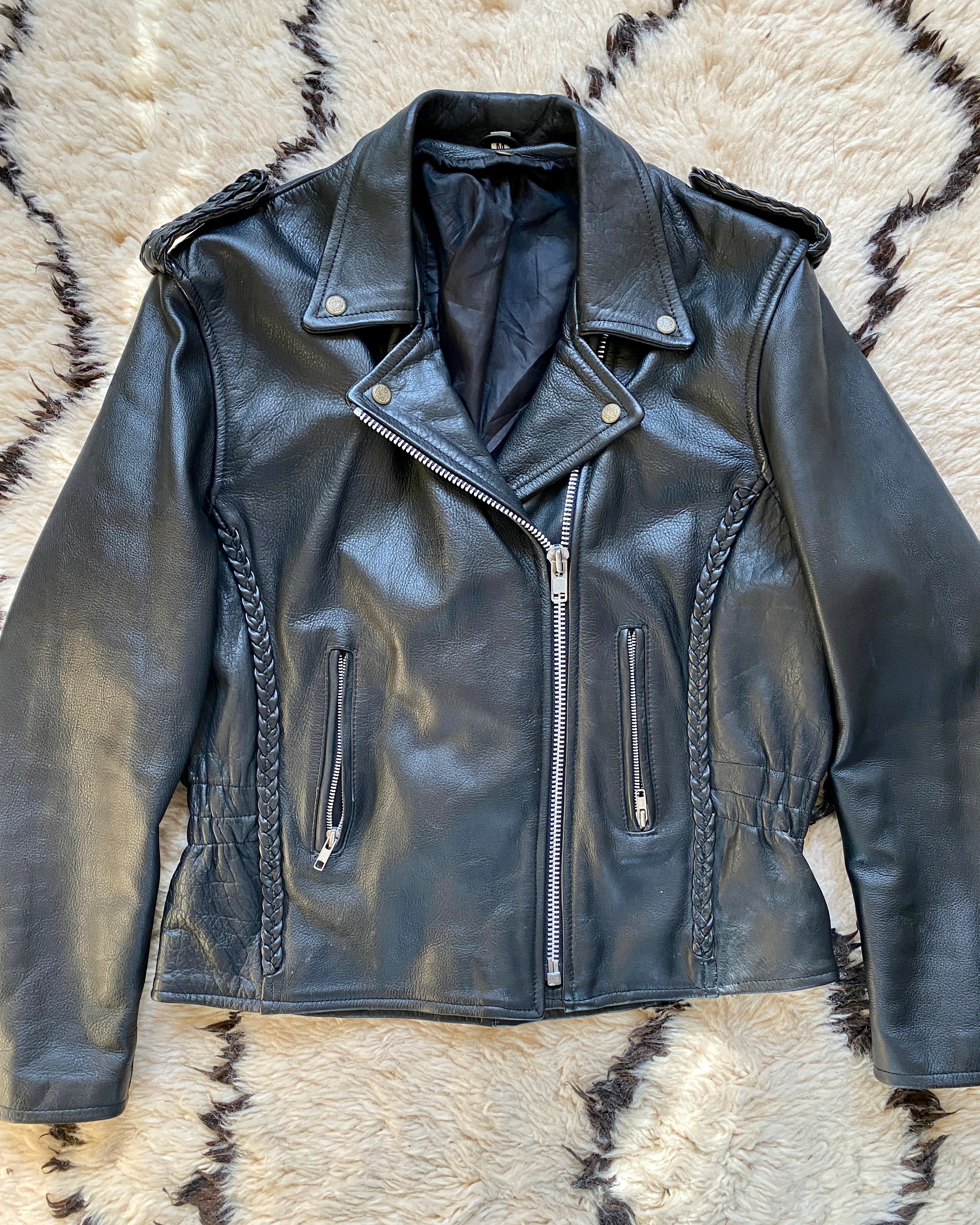 Vintage 1980s Black Asymmetric Biker Motorcycle Heavy Weight Genuine Leather Jacket M L