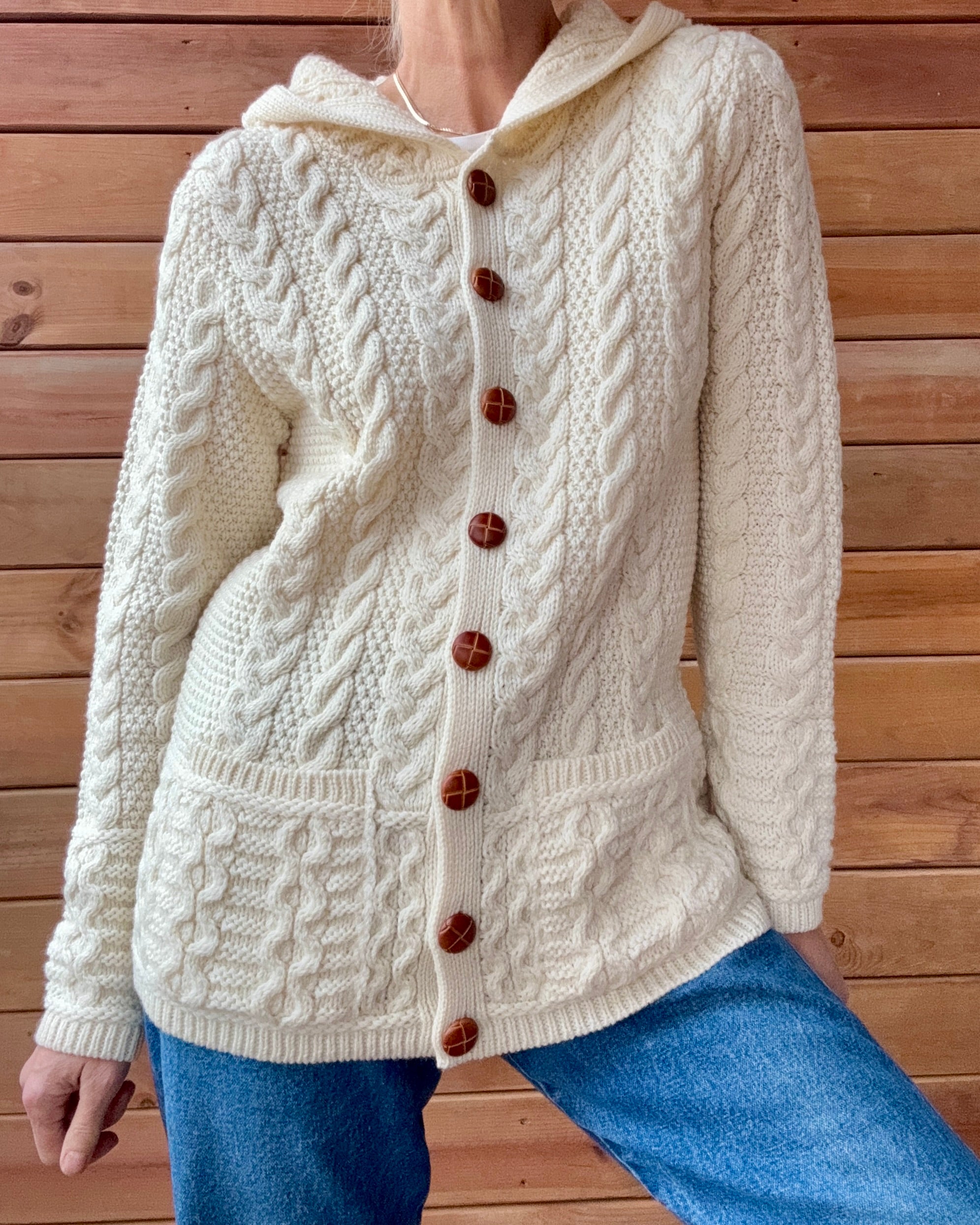 Aran Mor Fisherman Cable Aran Merino Wool Cream Knit Sweater Cardigan with Hood Made in Ireland NWT
