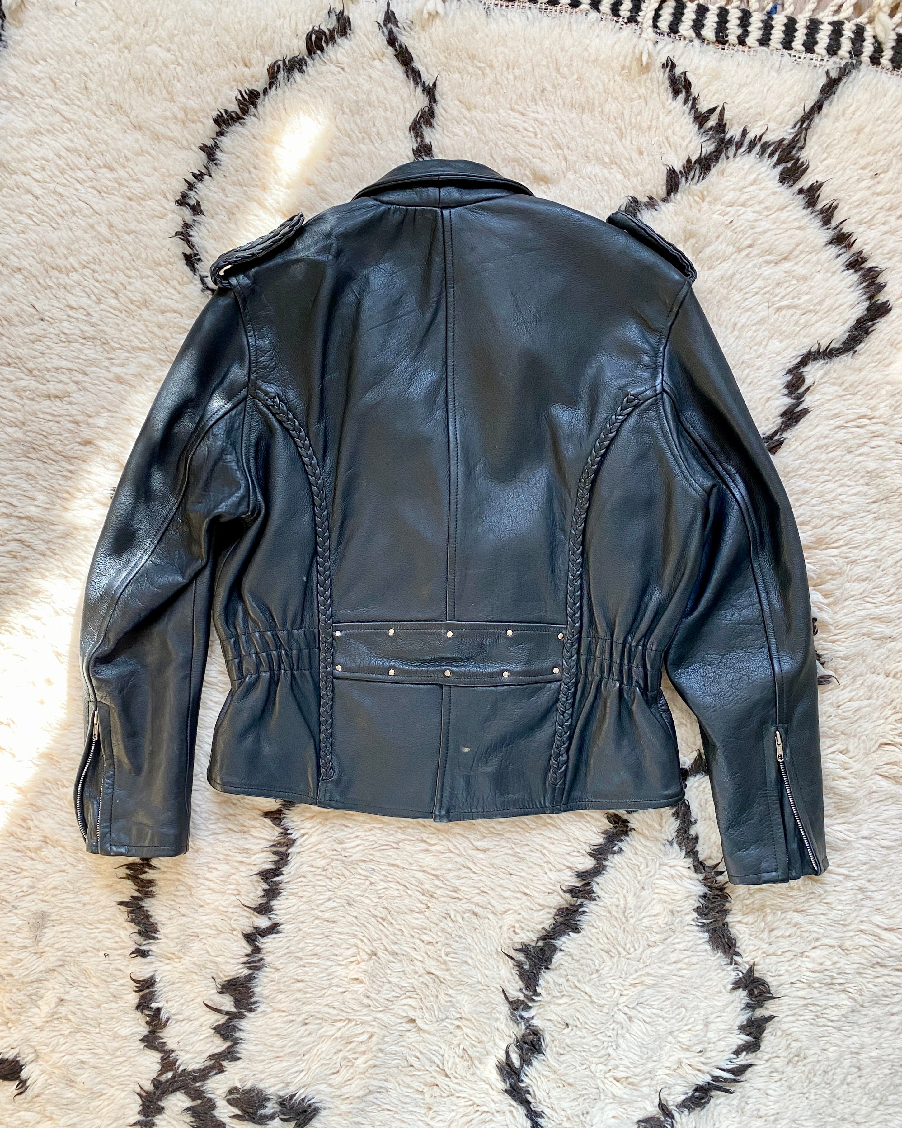 Vintage 1980s Black Asymmetric Biker Motorcycle Heavy Weight Genuine Leather Jacket M L