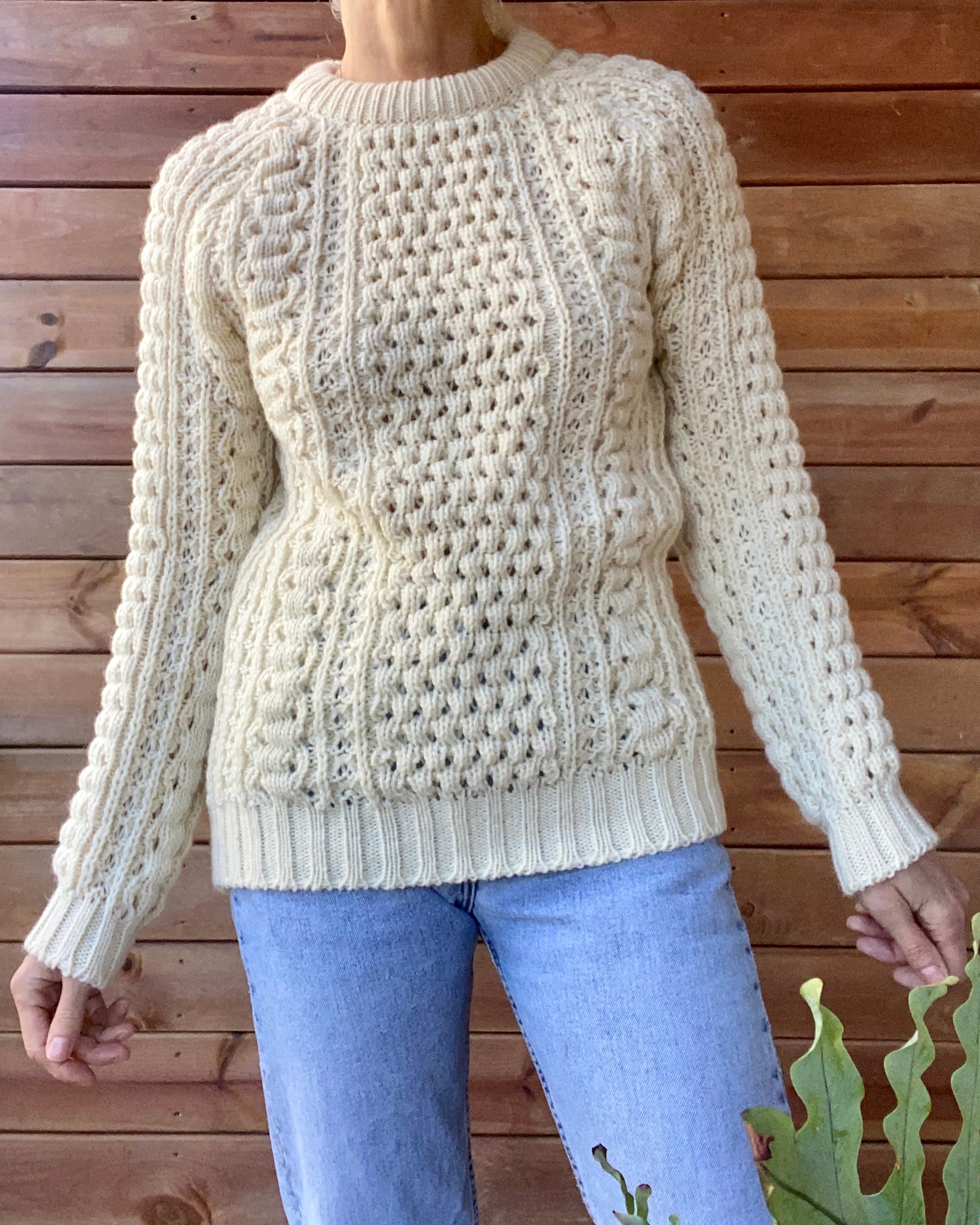 Vintage Handknit Tuck Stich Cable Fisherman Sweater M