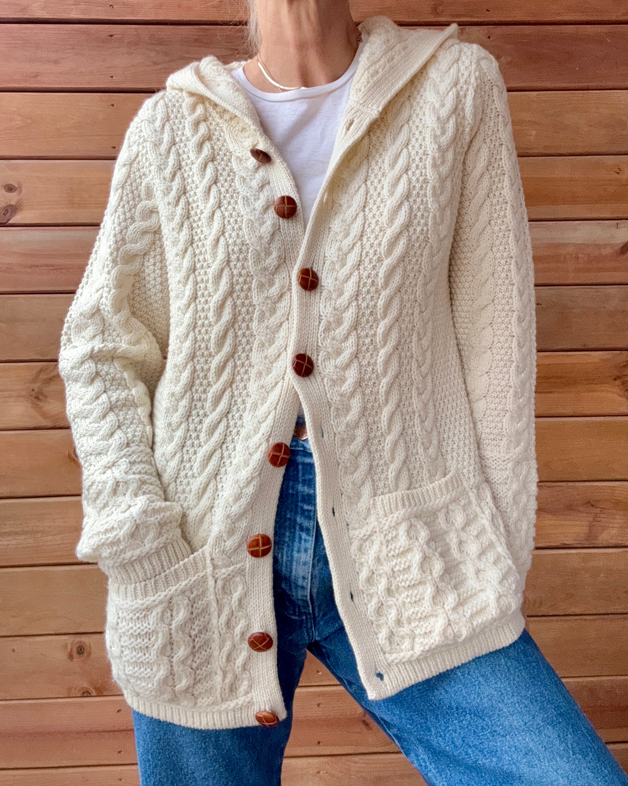 Aran Mor Fisherman Cable Aran Merino Wool Cream Knit Sweater Cardigan with Hood Made in Ireland NWT