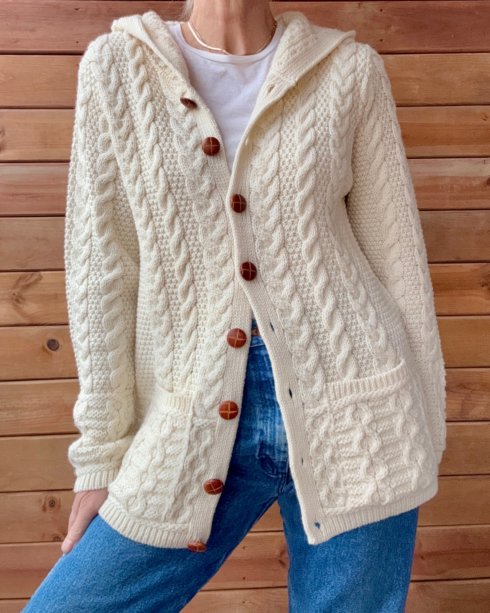 Aran Mor Fisherman Cable Aran Merino Wool Cream Knit Sweater Cardigan with Hood Made in Ireland NWT