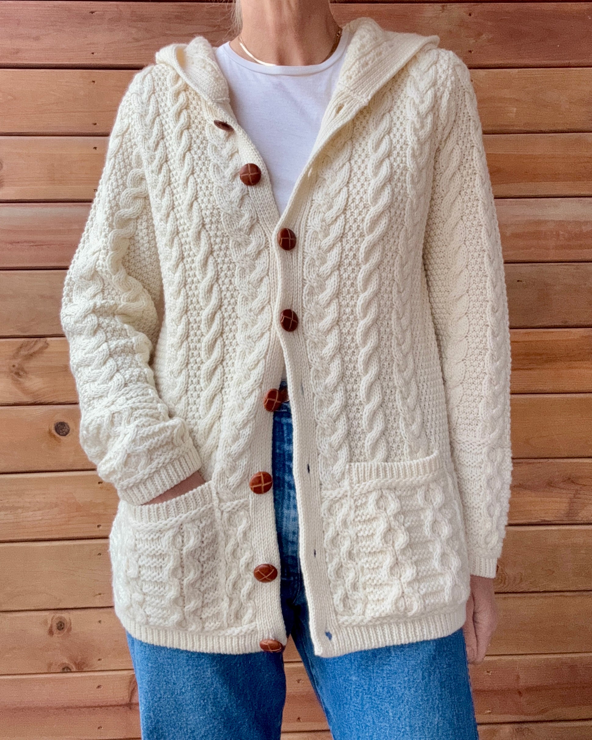 Aran Mor Fisherman Cable Aran Merino Wool Cream Knit Sweater Cardigan with Hood Made in Ireland NWT