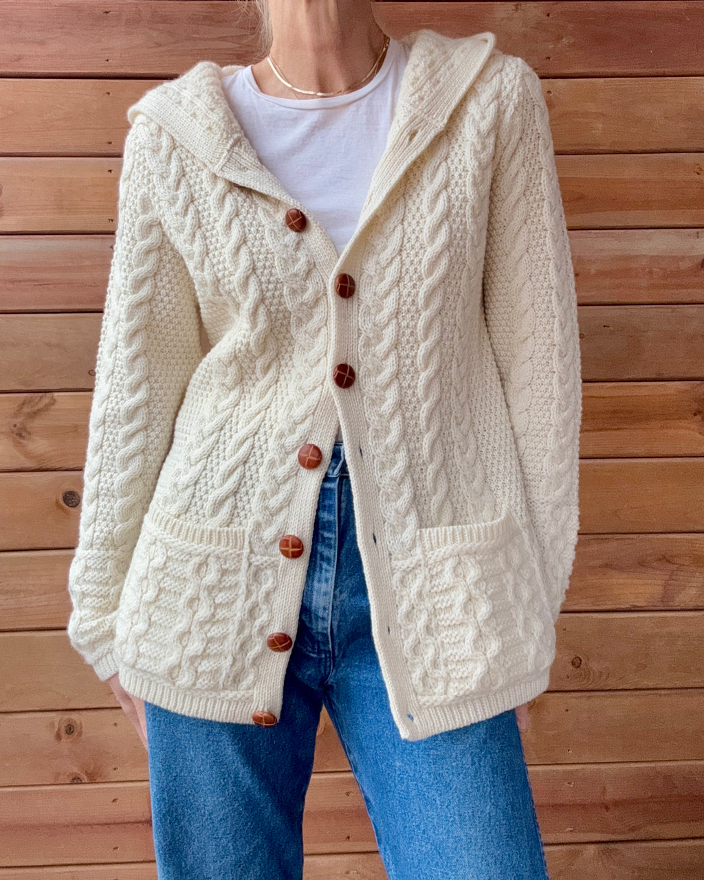 Aran Mor Fisherman Cable Aran Merino Wool Cream Knit Sweater Cardigan with Hood Made in Ireland NWT