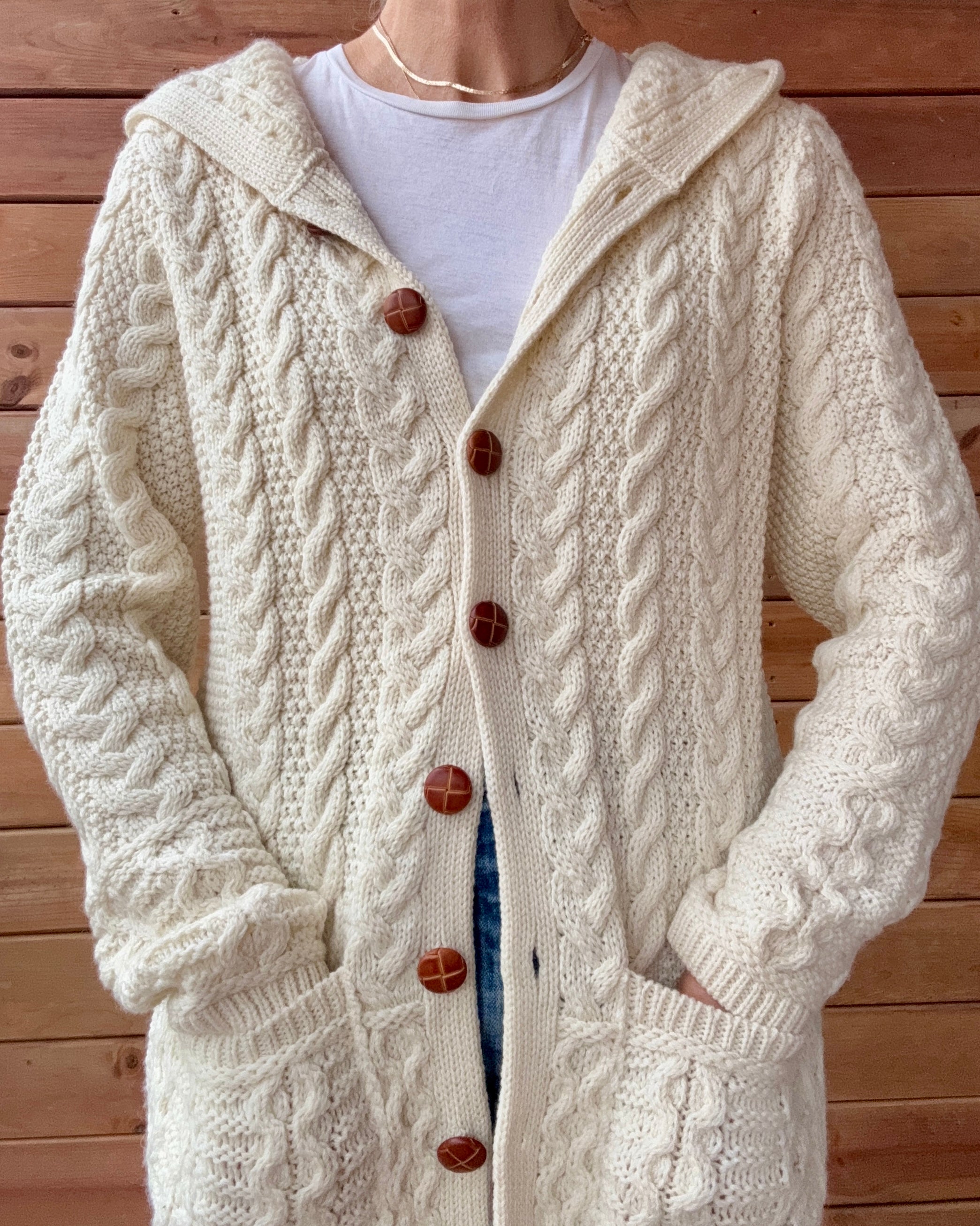 Aran Mor Fisherman Cable Aran Merino Wool Cream Knit Sweater Cardigan with Hood Made in Ireland NWT
