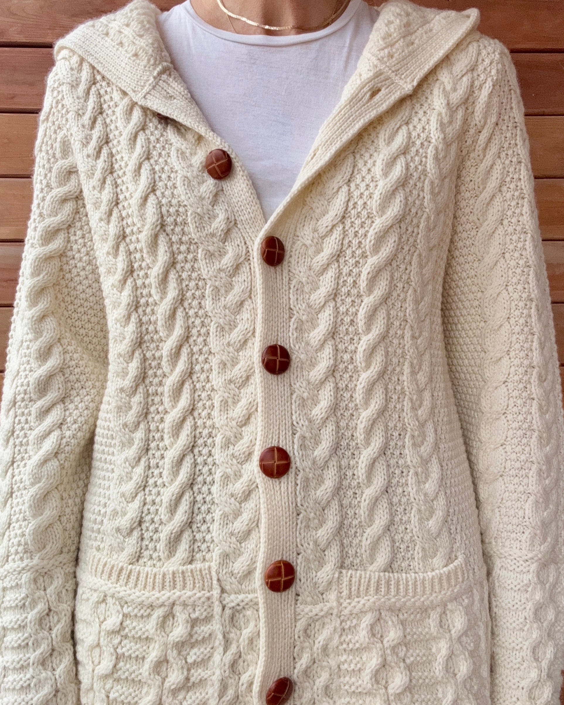 Aran Mor Fisherman Cable Aran Merino Wool Cream Knit Sweater Cardigan with Hood Made in Ireland NWT