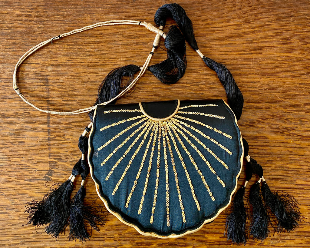 Vintage 1970s Black Silk Satin with Gold Sequins and Tassels  Shoulder Bag
