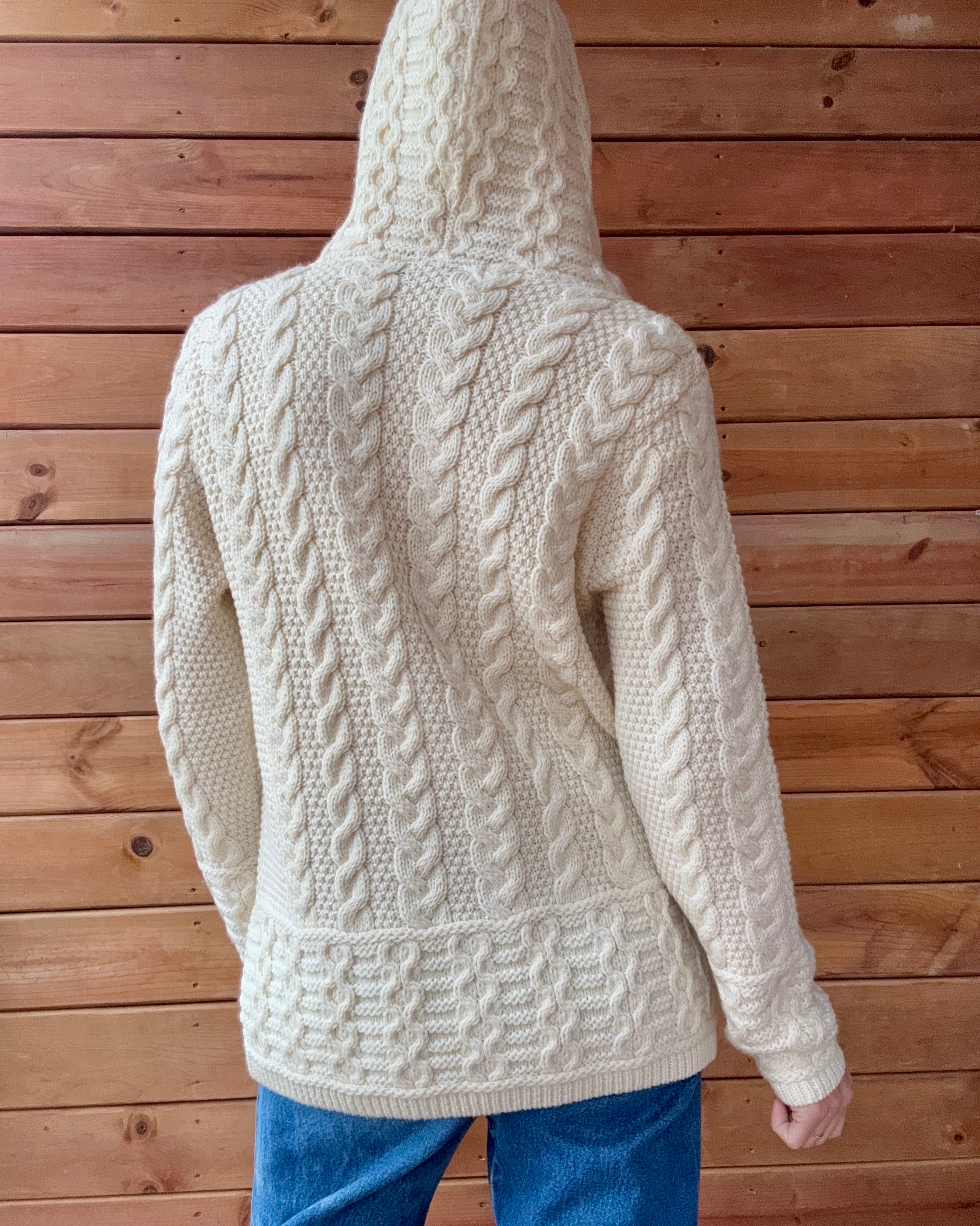 Aran Mor Fisherman Cable Aran Merino Wool Cream Knit Sweater Cardigan with Hood Made in Ireland NWT