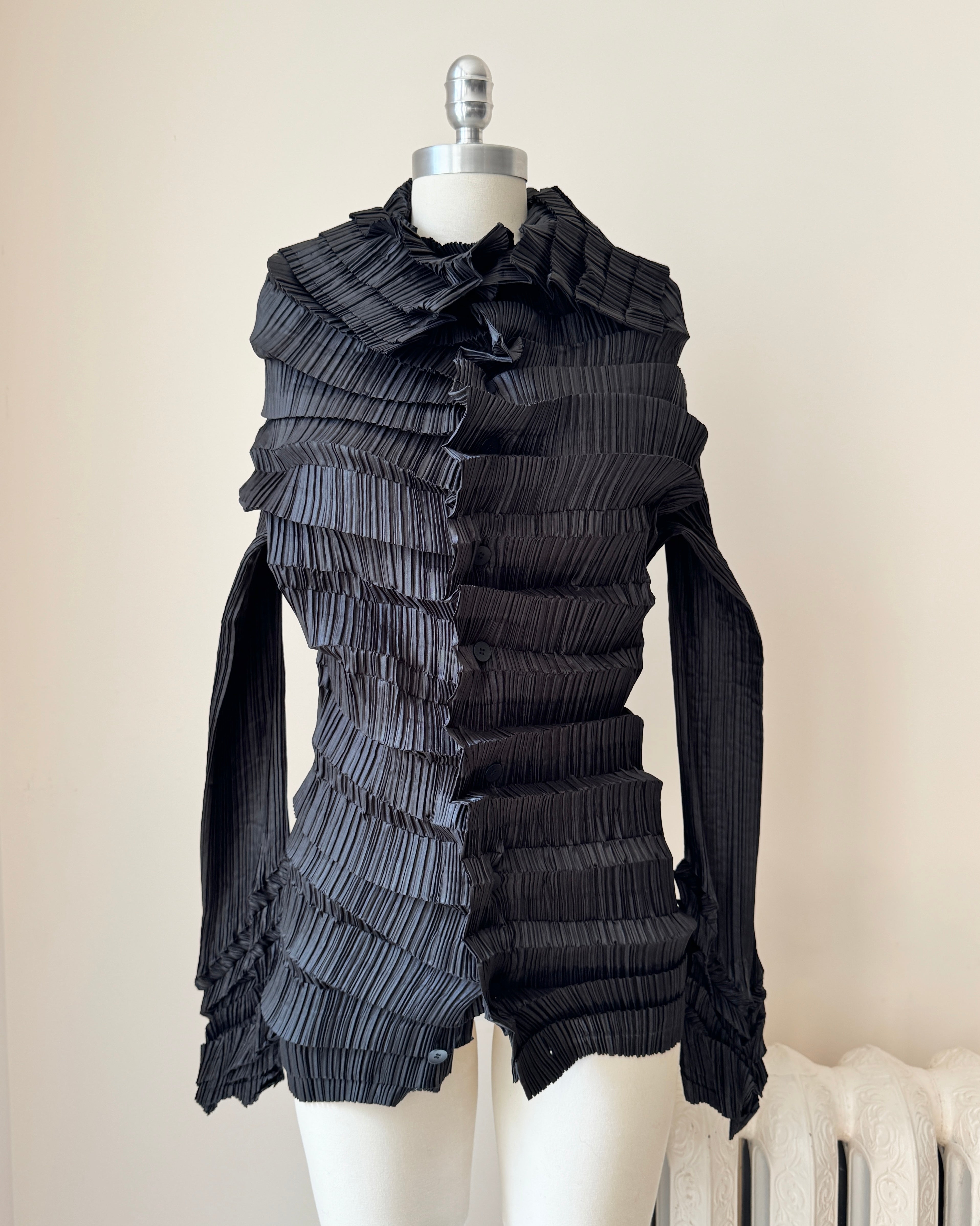 Vintage Late 1990s  ISSEY MIYAKE Black Architectural Pleated Blouse Shirt Cardigan with Buttons and Wide Collar Size 3