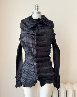 Vintage Late 1990s  ISSEY MIYAKE Black Architectural Pleated Blouse Shirt Cardigan with Buttons and Wide Collar Size 3