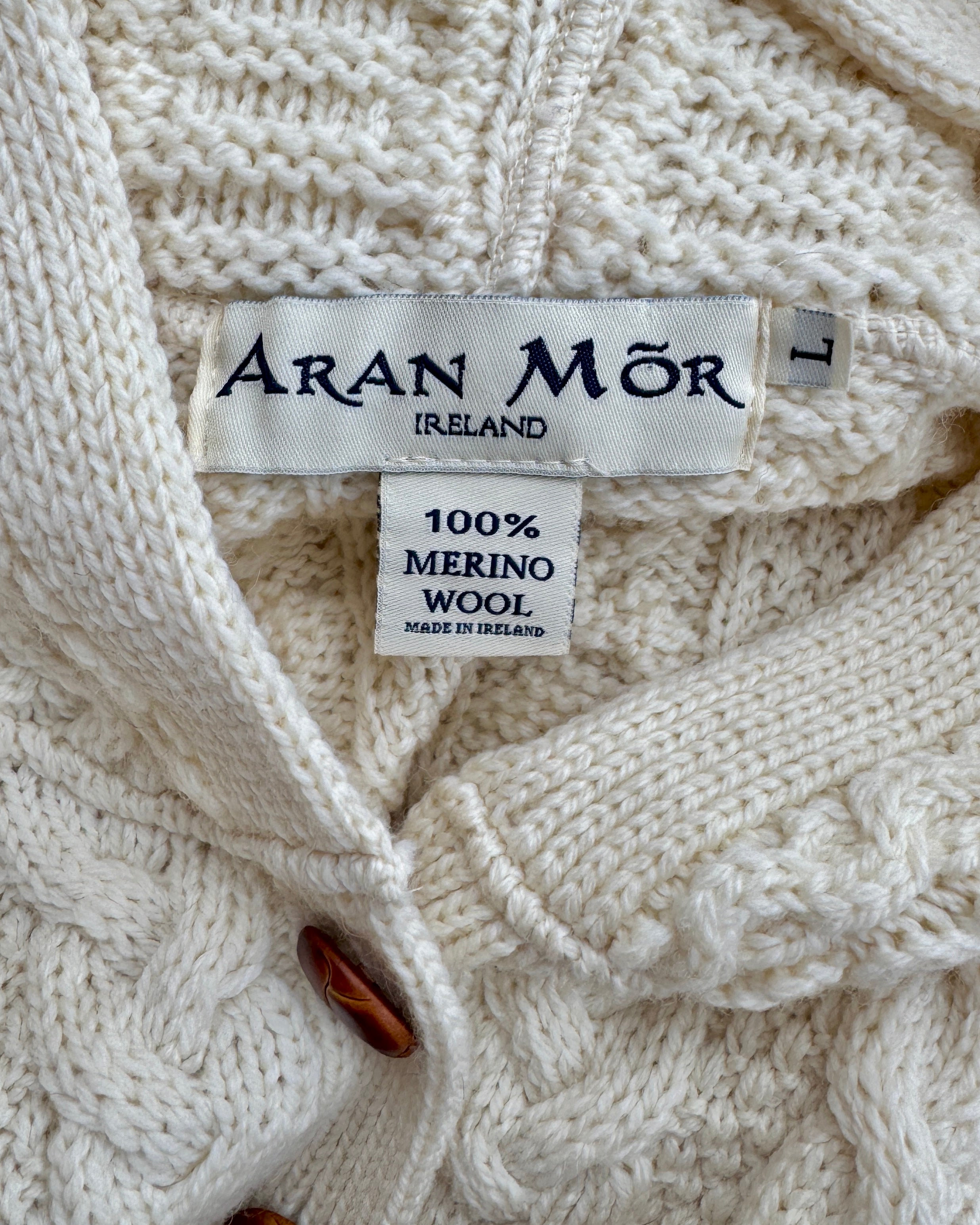 Aran Mor Fisherman Cable Aran Merino Wool Cream Knit Sweater Cardigan with Hood Made in Ireland NWT