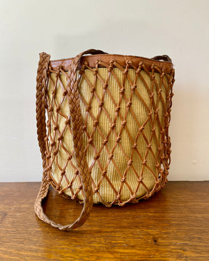 Vintage 1990s Knotted Tan Leather and Raffia Basket Cross Shoulder Bag