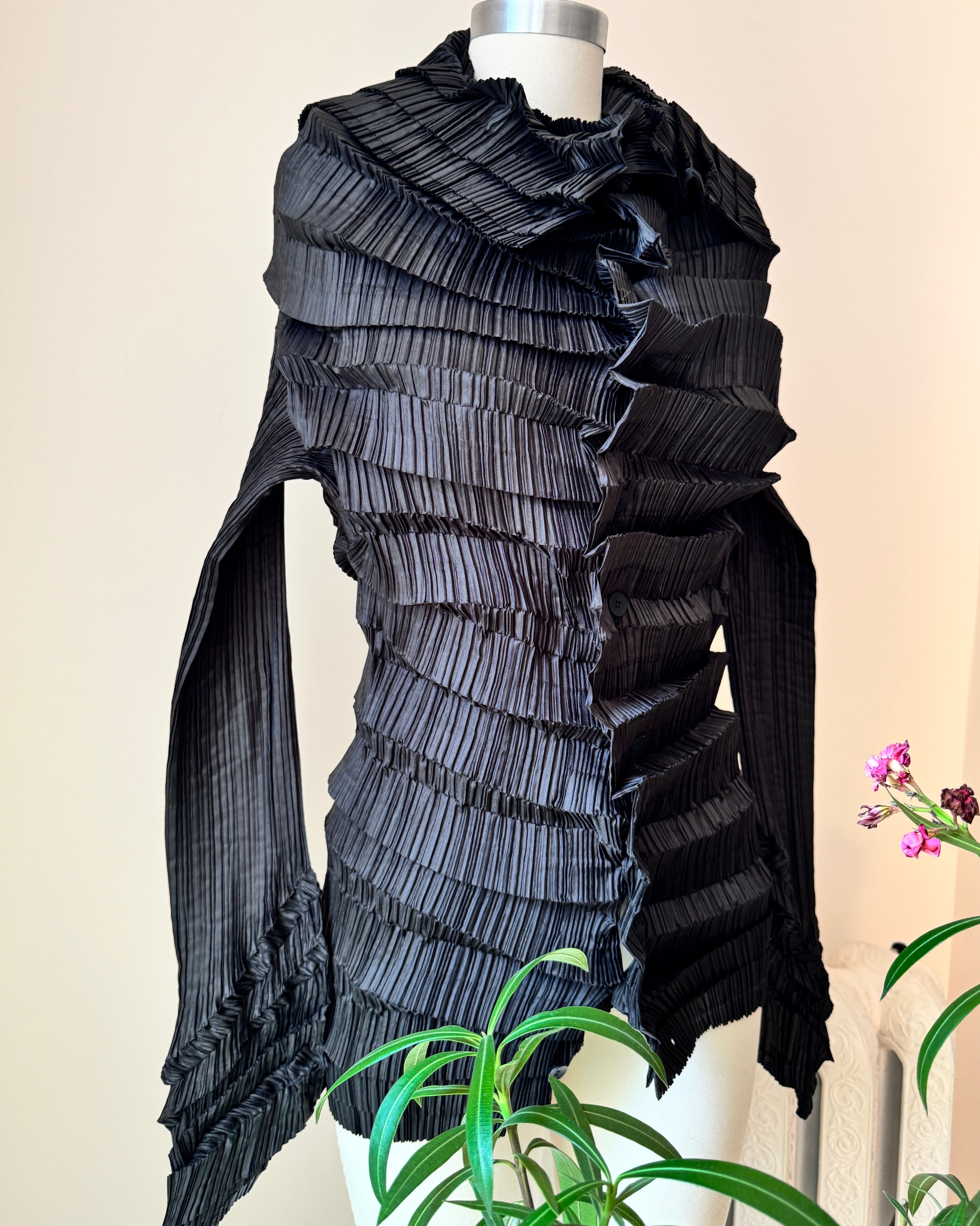 Vintage Late 1990s  ISSEY MIYAKE Black Architectural Pleated Blouse Shirt Cardigan with Buttons and Wide Collar Size 3