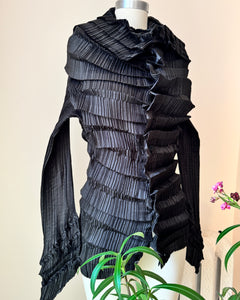 Vintage Late 1990s  ISSEY MIYAKE Black Architectural Pleated Blouse Shirt Cardigan with Buttons and Wide Collar Size 3