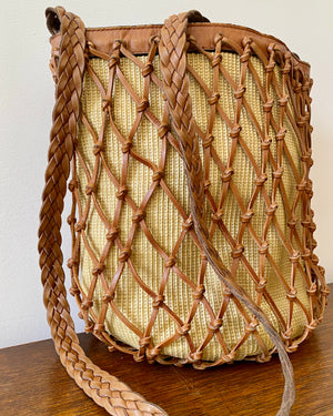 Vintage 1990s Knotted Tan Leather and Raffia Basket Cross Shoulder Bag