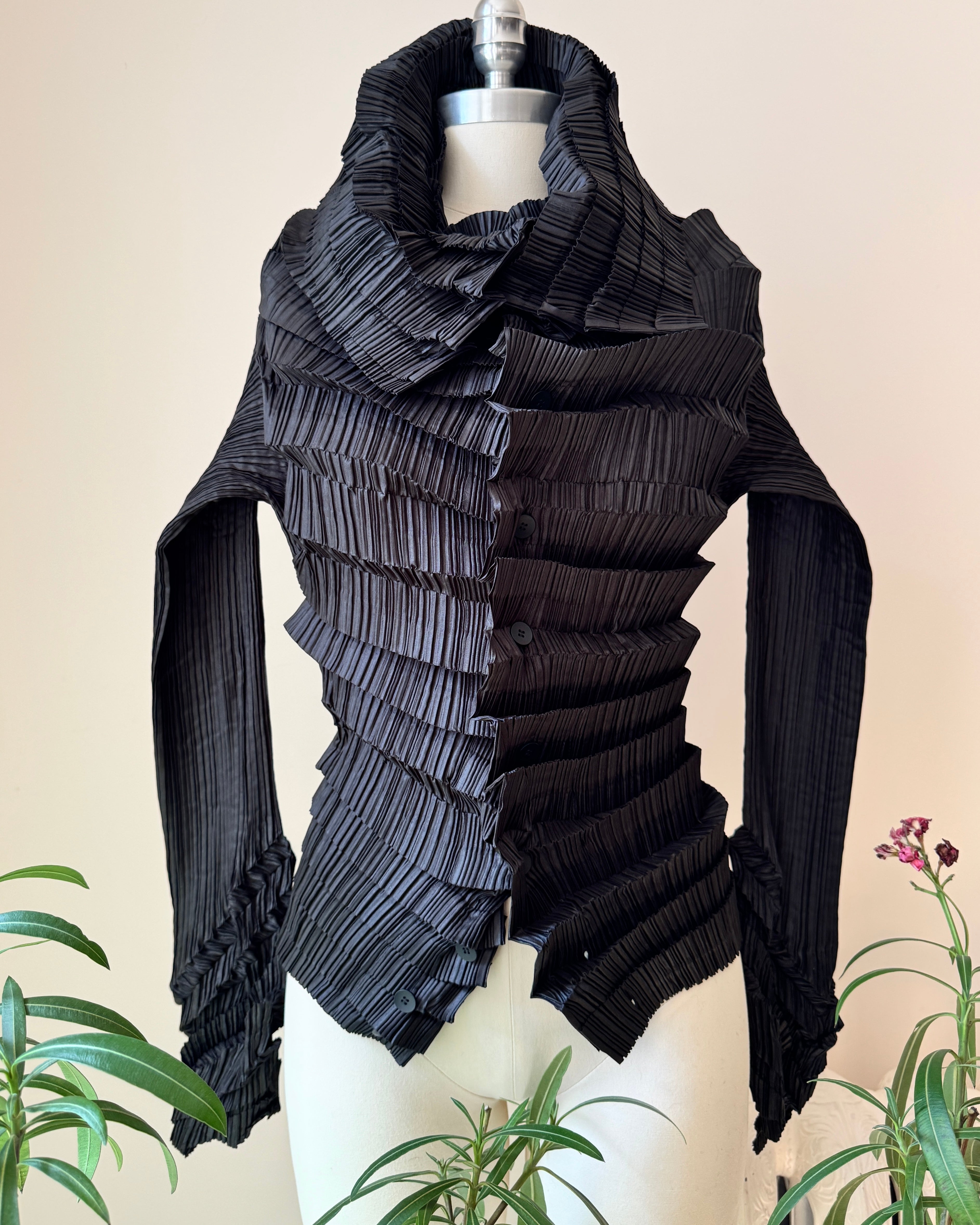 Vintage Late 1990s  ISSEY MIYAKE Black Architectural Pleated Blouse Shirt Cardigan with Buttons and Wide Collar Size 3