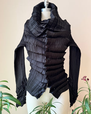 Vintage Late 1990s  ISSEY MIYAKE Black Architectural Pleated Blouse Shirt Cardigan with Buttons and Wide Collar Size 3