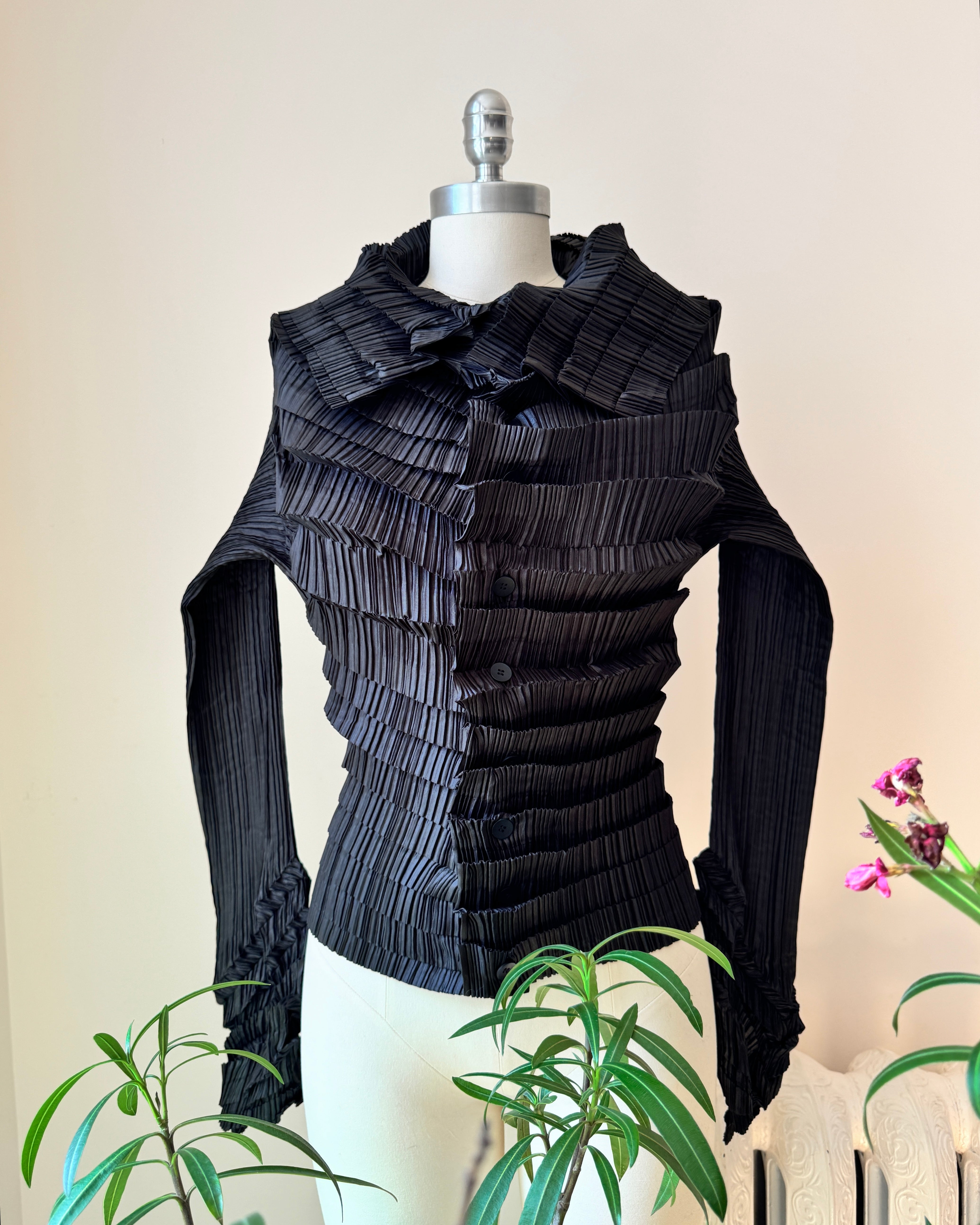 Vintage Late 1990s  ISSEY MIYAKE Black Architectural Pleated Blouse Shirt Cardigan with Buttons and Wide Collar Size 3
