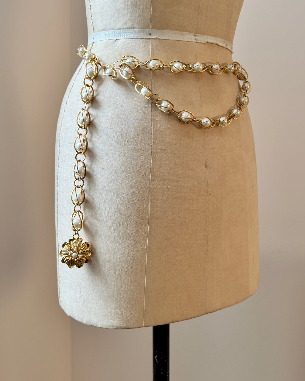 Vintage Chanel Gold and Pearl Cage Chain Belt with Camelia Flower Charm Made in France