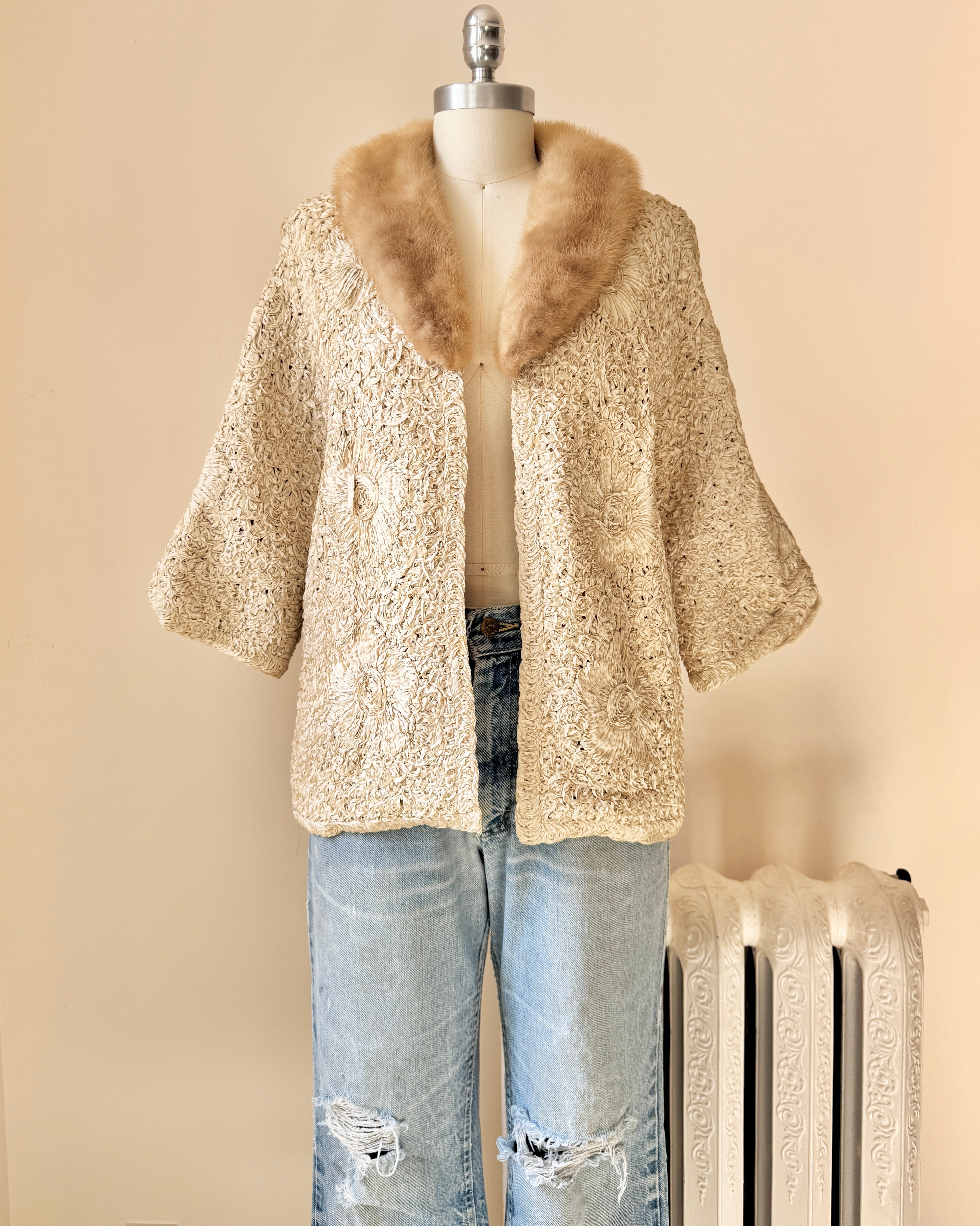 Vintage 1950s Cream Ribbon Knit Crochet Stitched Floral with Brown Mink Collar S M