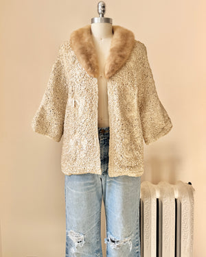 Vintage 1950s Cream Ribbon Knit Crochet Stitched Floral with Brown Mink Collar S M