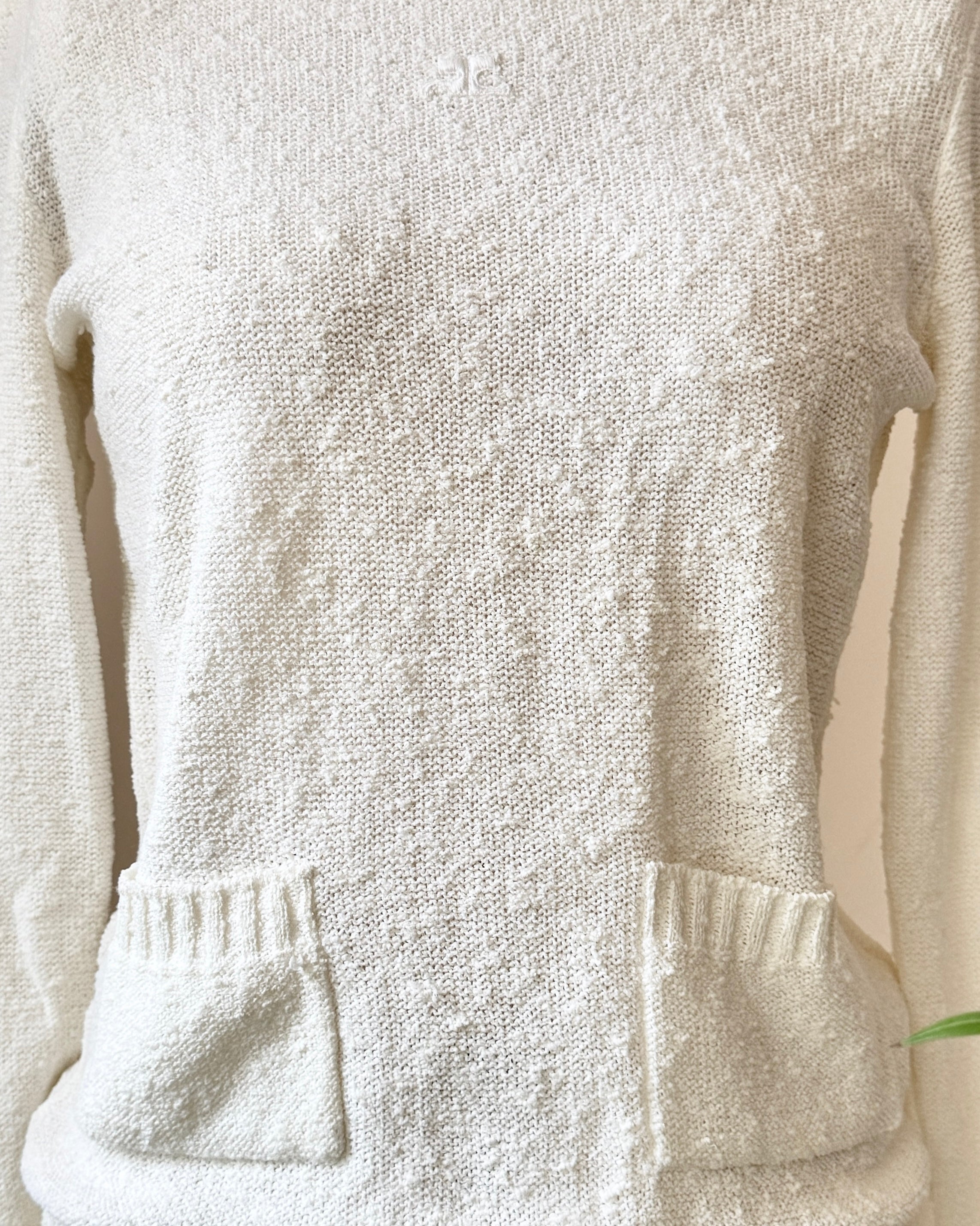Vintage 1970s Courrèges Mod French White Boucle Slub Knit Summer Sweater With Pockets and Logo Embroidered
