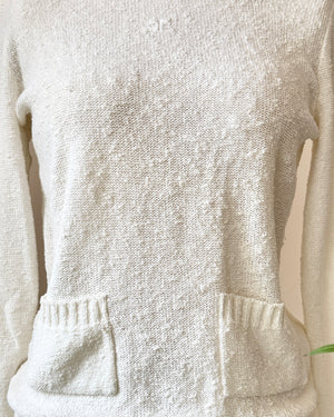 Vintage 1970s Courrèges Mod French White Boucle Slub Knit Summer Sweater With Pockets and Logo Embroidered