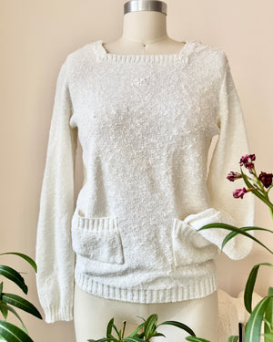 Vintage 1970s Courrèges Mod French White Boucle Slub Knit Summer Sweater With Pockets and Logo Embroidered