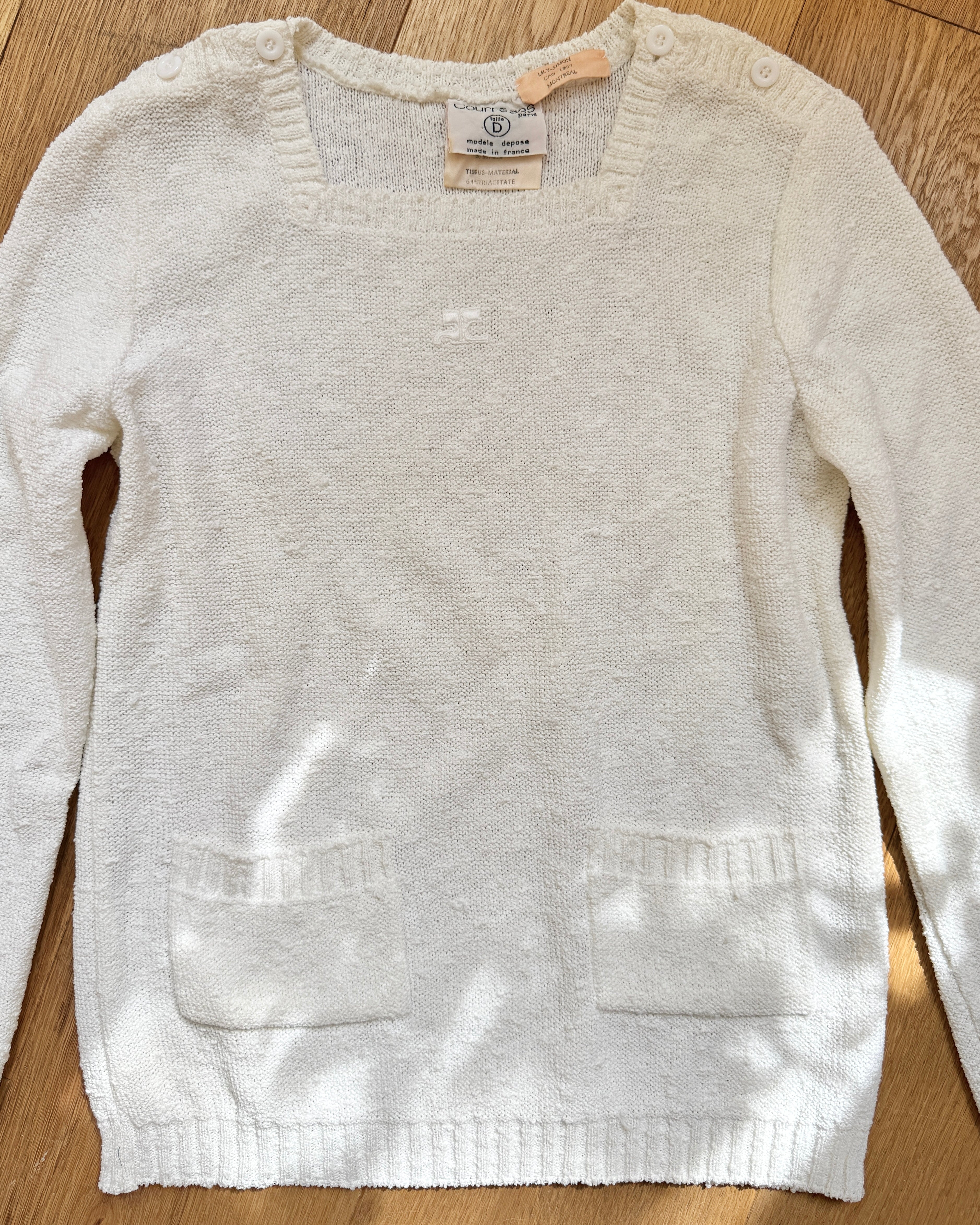 Vintage 1970s Courrèges Mod French White Boucle Slub Knit Summer Sweater With Pockets and Logo Embroidered