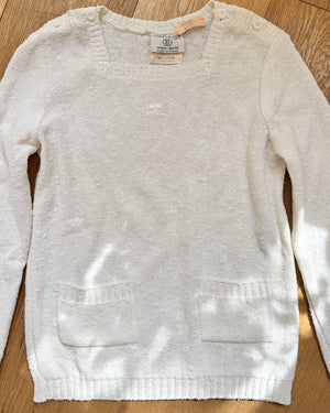 Vintage 1970s Courrèges Mod French White Boucle Slub Knit Summer Sweater With Pockets and Logo Embroidered